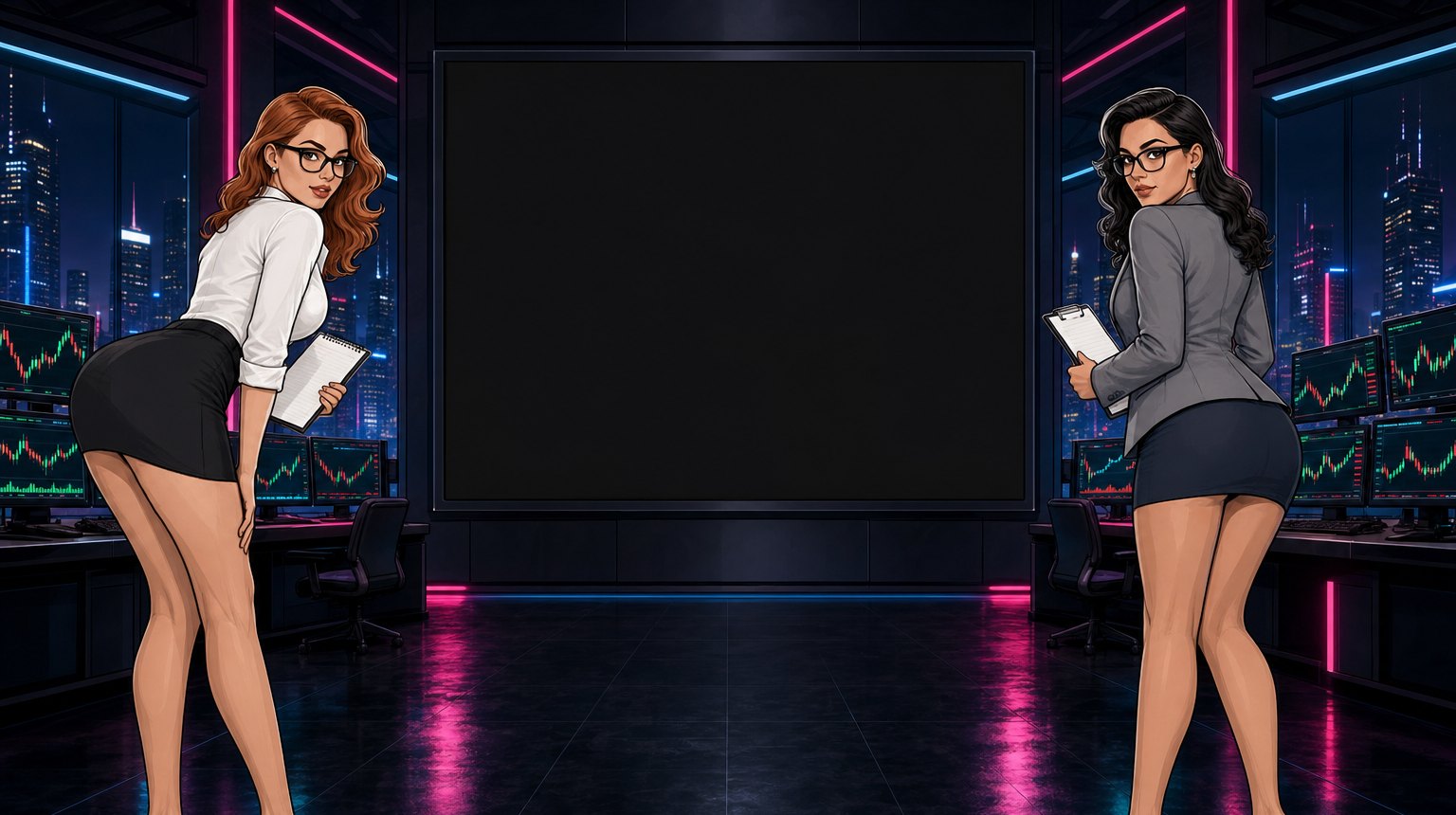 The ASSDAQ trading floor at night, two analysts flanking the main exchange board